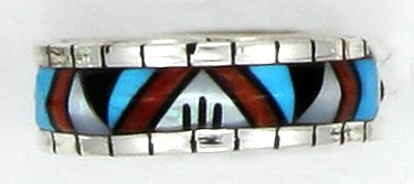 Zuni Indian Tri Color Band & Sterling Silver Lucio Size 8