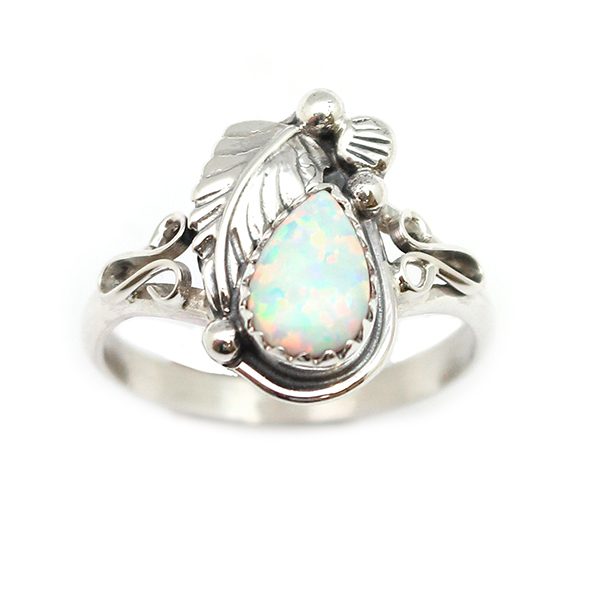 Sterling Silver & Tear Drop White Opal w/Feather Ring