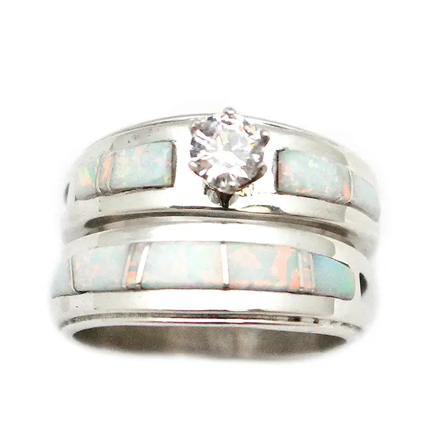 Sterling Silver & White Opal Wedding Ring Set w/Cz (Navajo)