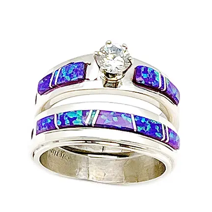 Sterling Silver & Blue Opal Wedding Ring Set w/Cz (Navajo)
