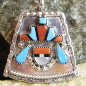 Native American Zuni Indian Sterling Silver Multi Color Pendant by Leonard Martza