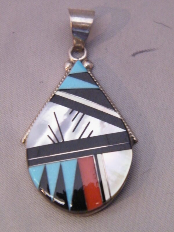 Zuni Tear Drop Sterling Silver Inlaid Multicolor Pendant Signed Eck