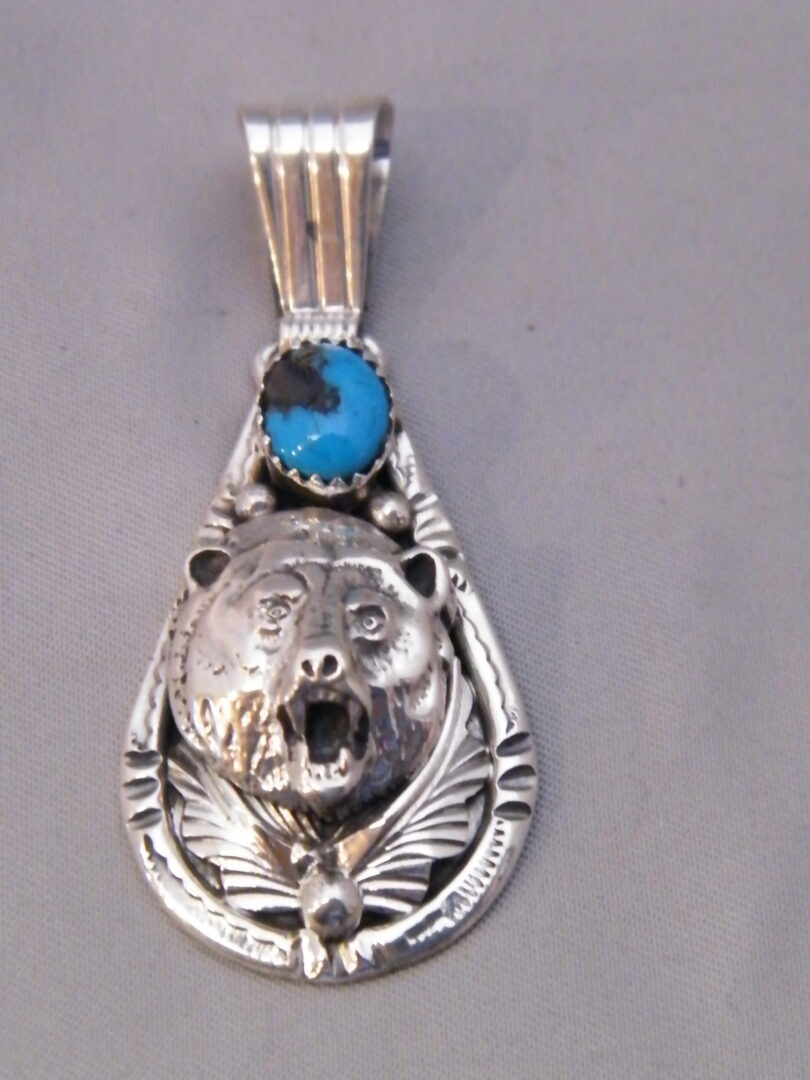 Sterling Silver Bear Head Pendant Turquoise Navajo Henry Attakai Signed