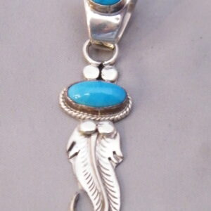 Oval Turquoise Pendant Feathers Sterling Silver Signed