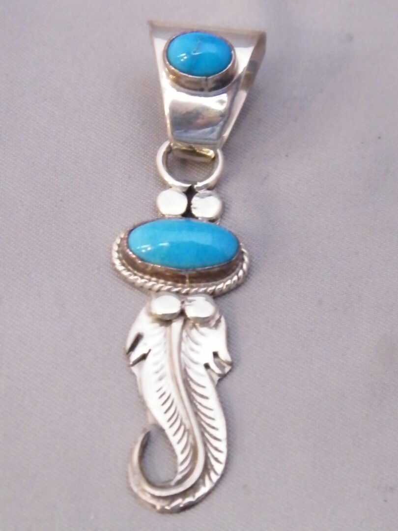 Oval Turquoise Pendant Feathers Sterling Silver Signed