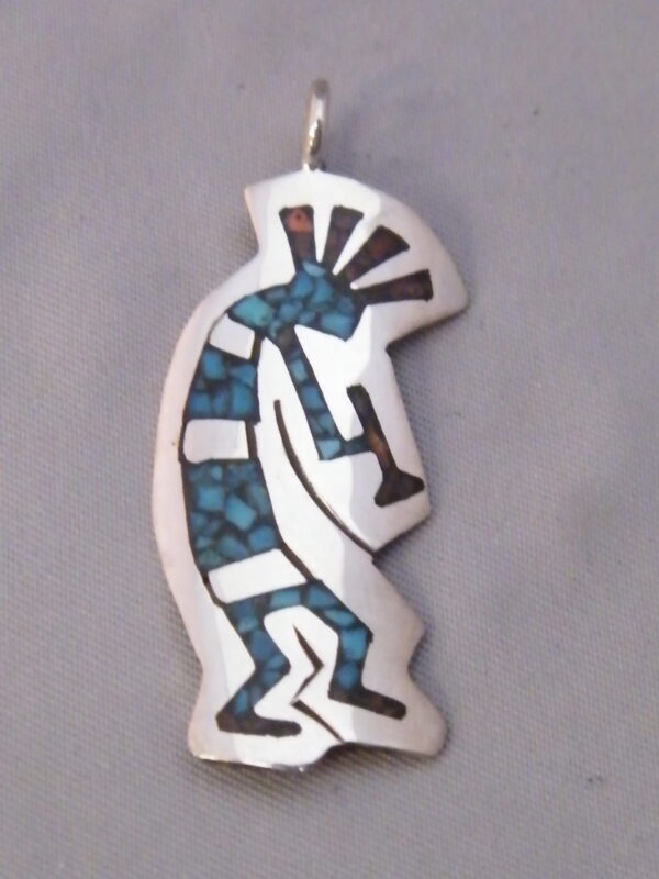 Kokopelli Turquoise Coral Inlay Sterling Silver Pendant Navajo