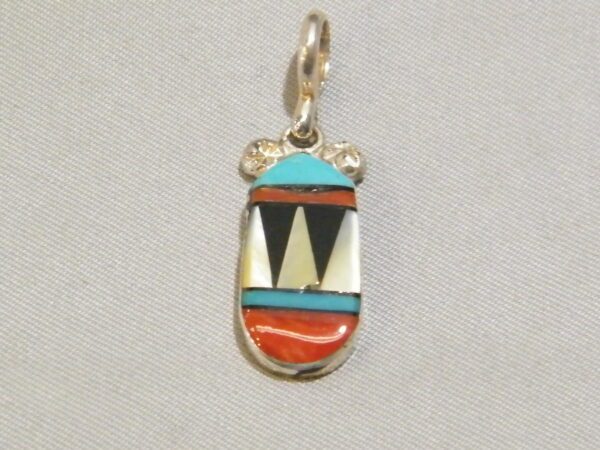 Zuni Indian Sterling Silver Inlaid Turquoise Coral Mop Jet Pendant Signed