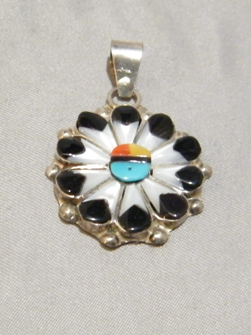 Zuni Indian Sterling Silver Sun Face Mother of Pearl Jet Turquoise Pendant Signed