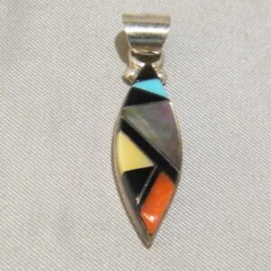Zuni Indian Pendant Sterling Silver Turquoise Jet Coral Mother of Pearl Signed