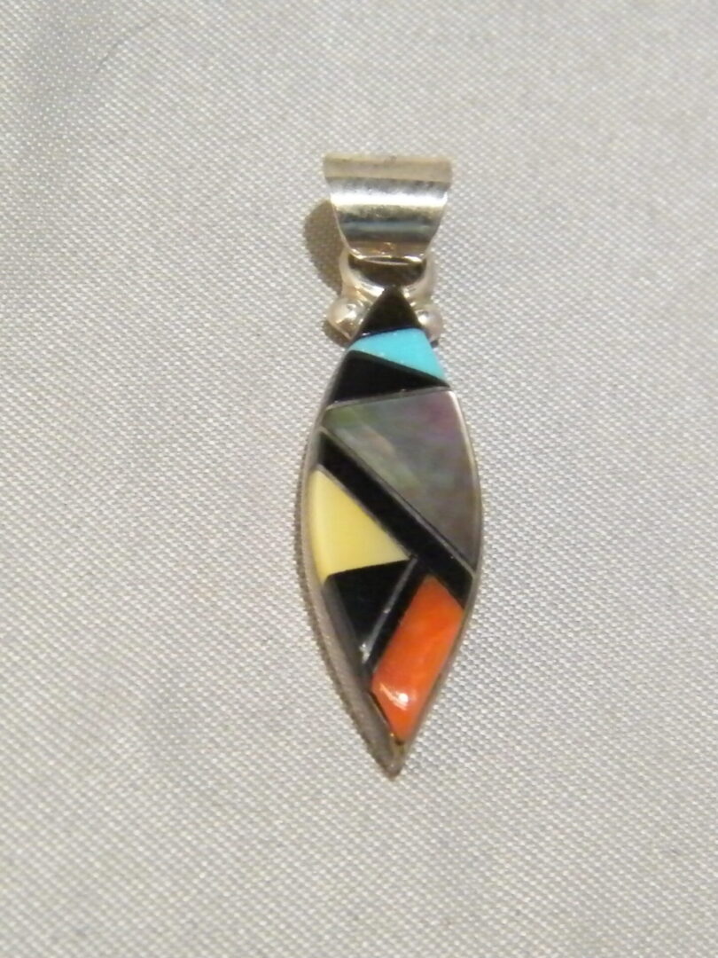 Zuni Indian Pendant Sterling Silver Turquoise Jet Coral Mother of Pearl Signed