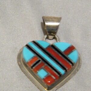 Zuni Indian Heart Inlaid Pendant Sterling Silver Turquoise Spiny Oyster Jet