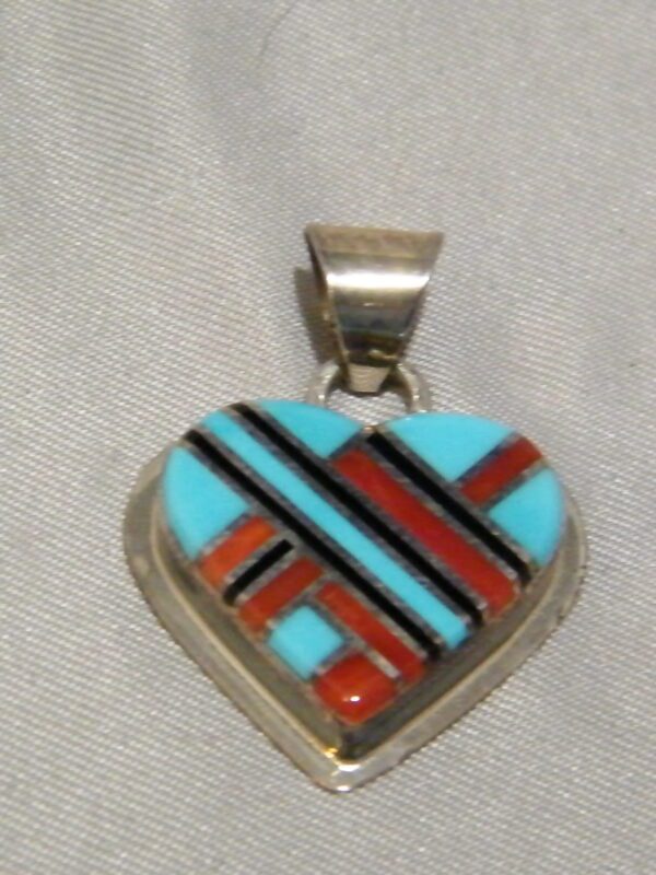 Zuni Indian Heart Inlaid Pendant Sterling Silver Turquoise Spiny Oyster Jet