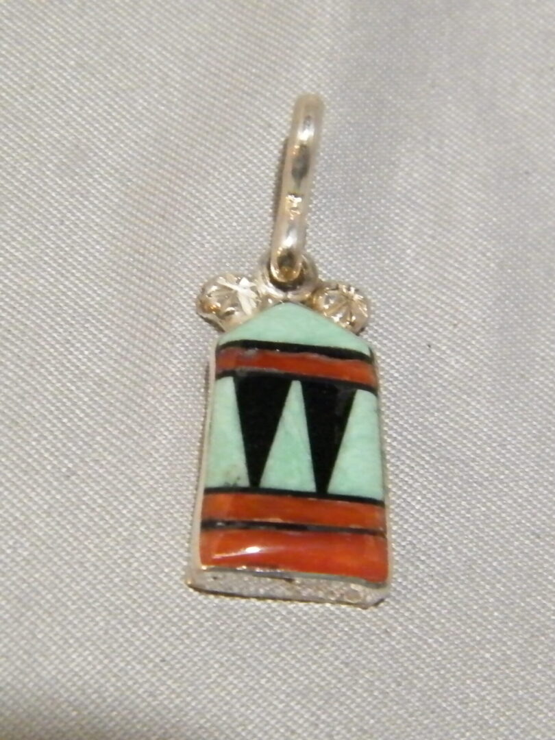 Zuni Native American Inlaid Pendant Sterling Silver Turquoise Jet Coral Signed