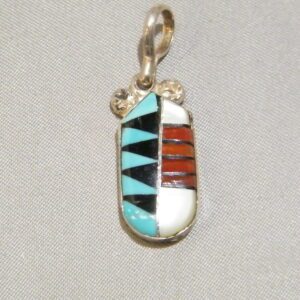 Zuni Indian Sterling Silver Pendant Inlaid Turquoise Jet Mother of Pearl Signed