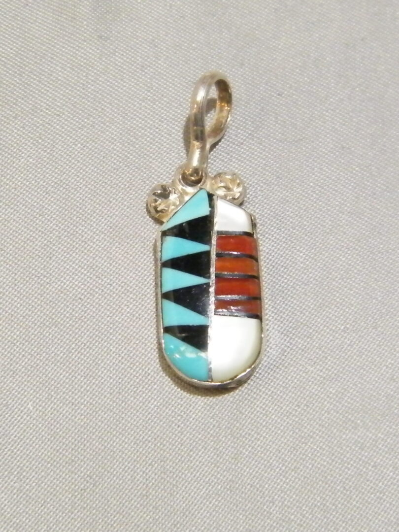 Zuni Indian Sterling Silver Pendant Inlaid Turquoise Jet Mother of Pearl Signed