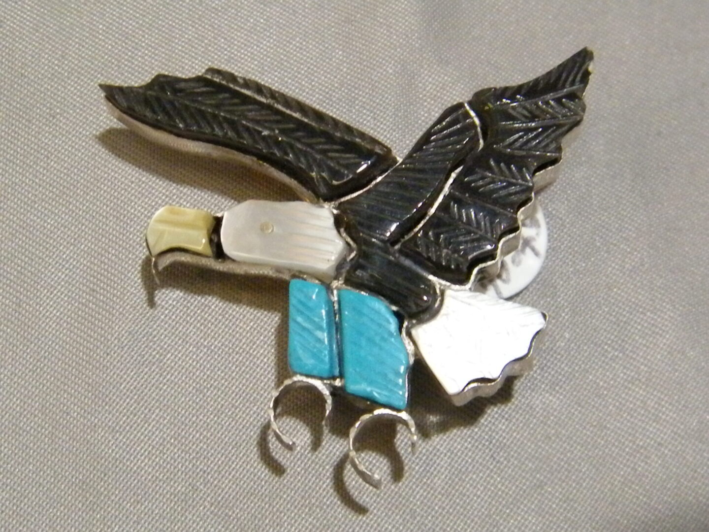Zuni Indian Eagle Pin/Pendant Sterling Silver Jet Turquoise Mop Stephan Lonjose